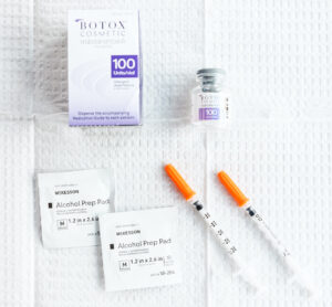 A photo of a box, antibacterial wipes, and multiple syringes for administering Botox in Brentwood, TN